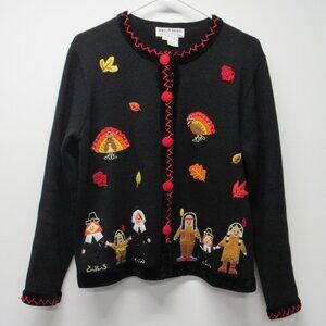 Jack B Quick M Cardigan Sweater Thanksgiving Turkey Pilgrim Native American 💰